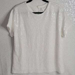 Charter Club Sequined White Short-Sleeve Blouse NWT